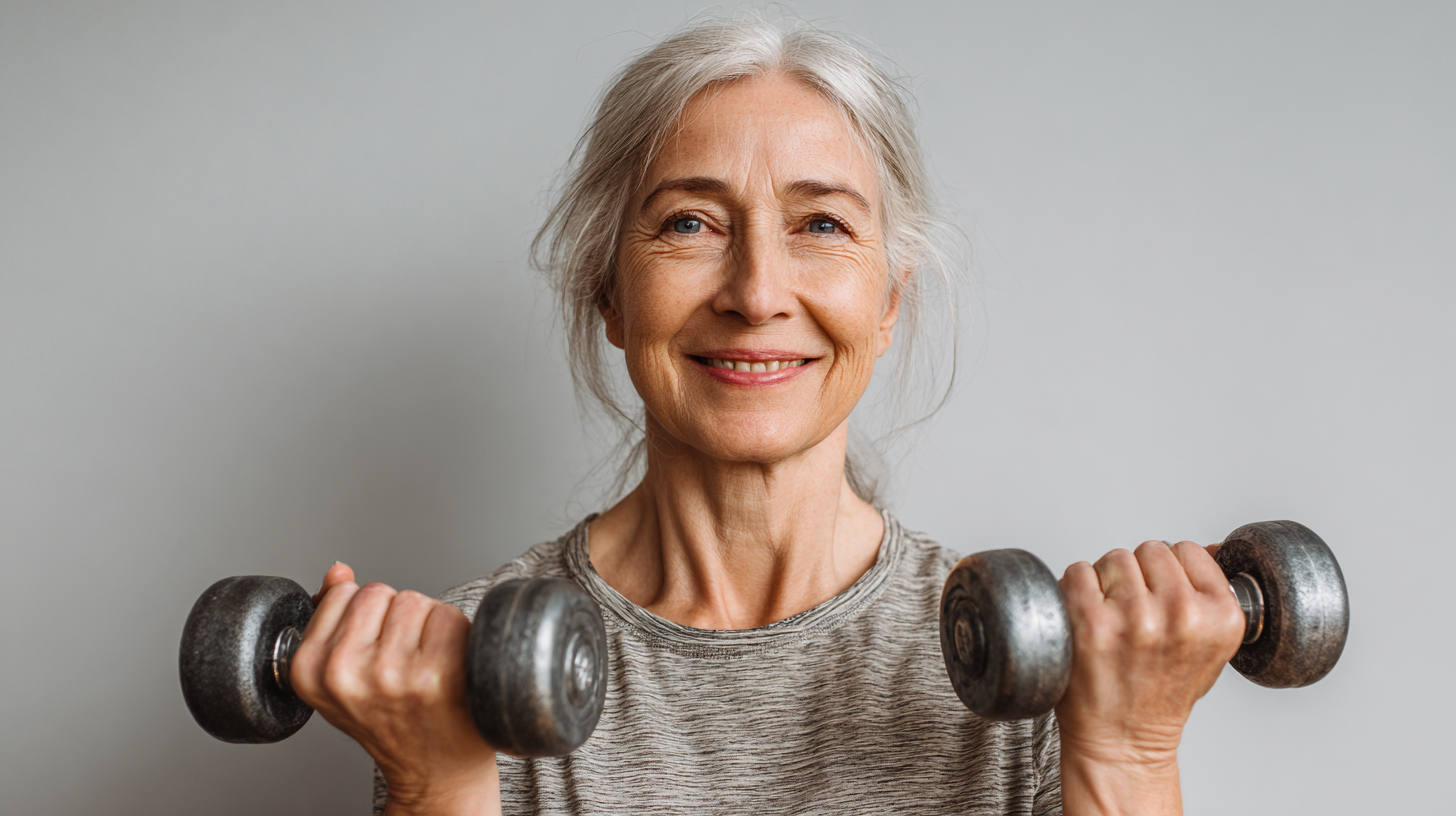Възрастна жена се усмихва докато прави лека гимнастика в парк